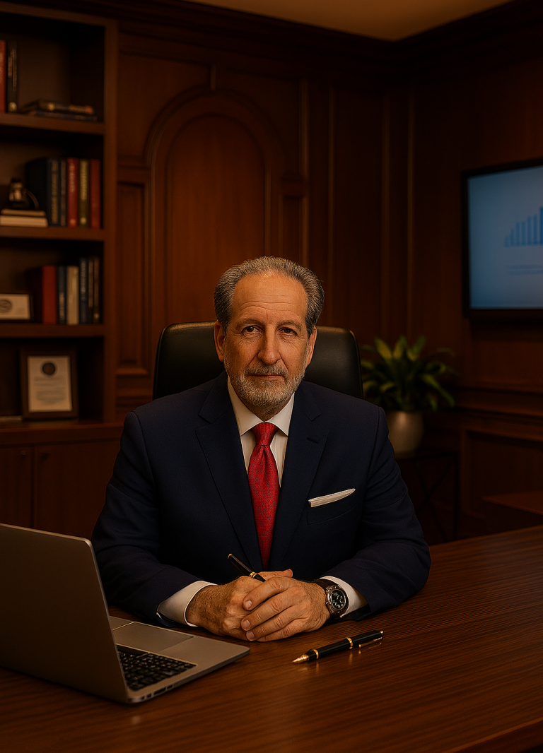 Mann in Anzug sitzt an einem Schreibtisch mit Laptop und Pflanzen im Hintergrund.